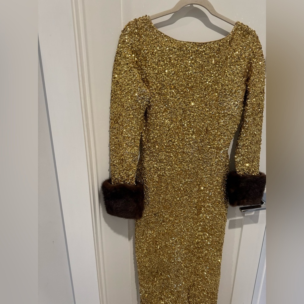 1960s Gene Shelly's Gold Sequin Keyhole Long Bell Sleeve Vintage Wool 60s Gown - Picture 7 of 17